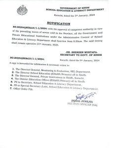 sindh gov school timing notification Islamabad 51