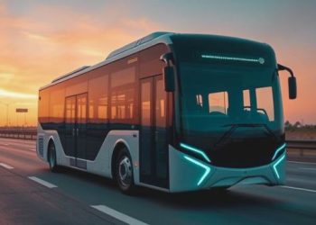Picture show a new electric bus on empty road