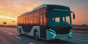 Picture show a new electric bus on empty road