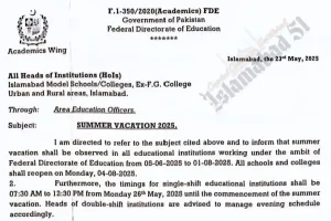 Islamabad announces school summer holidays 2025, notification issued 2 Notification for Islamabad Schools