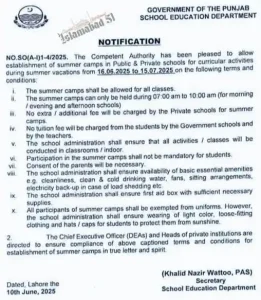 Notification Picture of Punjab Summer Camps